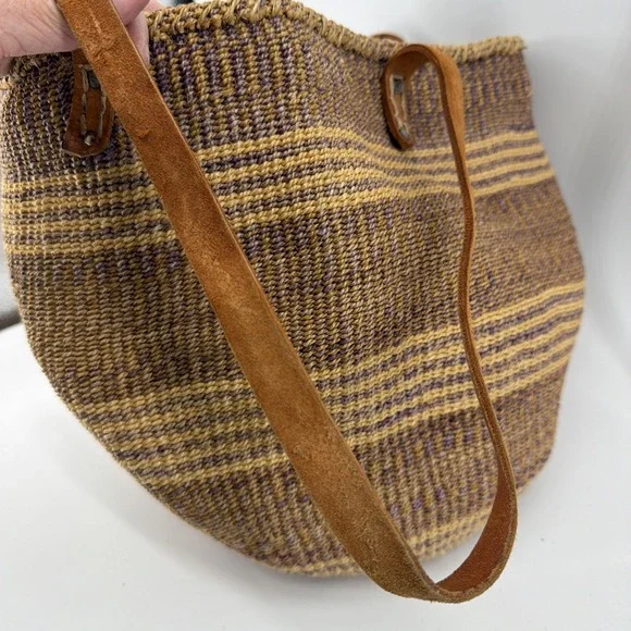 Vtg Woven Sisal Market Tote Bucket Leather Straps Beach Bag Ethnic Boho African - Picture 4 of 13